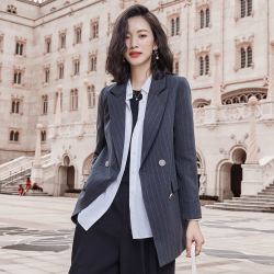 西装外套女2020秋款修身时尚双排扣条纹小西装单西服