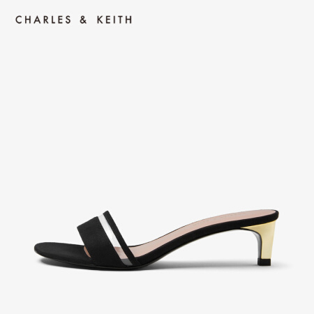 CHARLES＆KEITH女鞋CK1-60361213金属跟饰女士中跟凉拖鞋 Black黑色 34