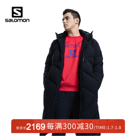 萨洛蒙（Salomon）男款 户外运动防风舒适保暖鹅绒长款连帽羽绒服 LONG DOWN JKT 黑色 201015 XL