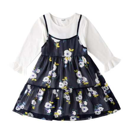 安奈儿童装女童假两件印花长袖连衣裙新款 蓝白花 130cm