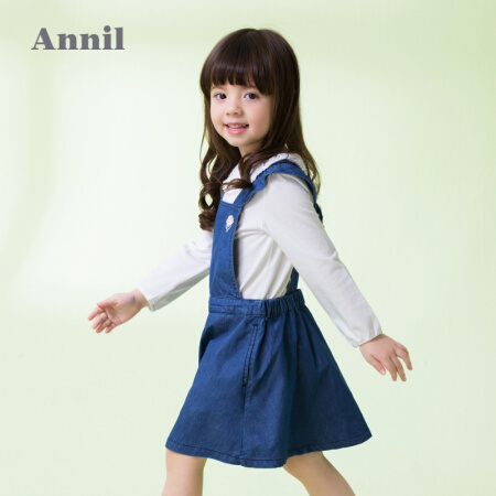 安奈儿童装女童可爱牛仔背带裙新款 中蓝牛仔 90cm