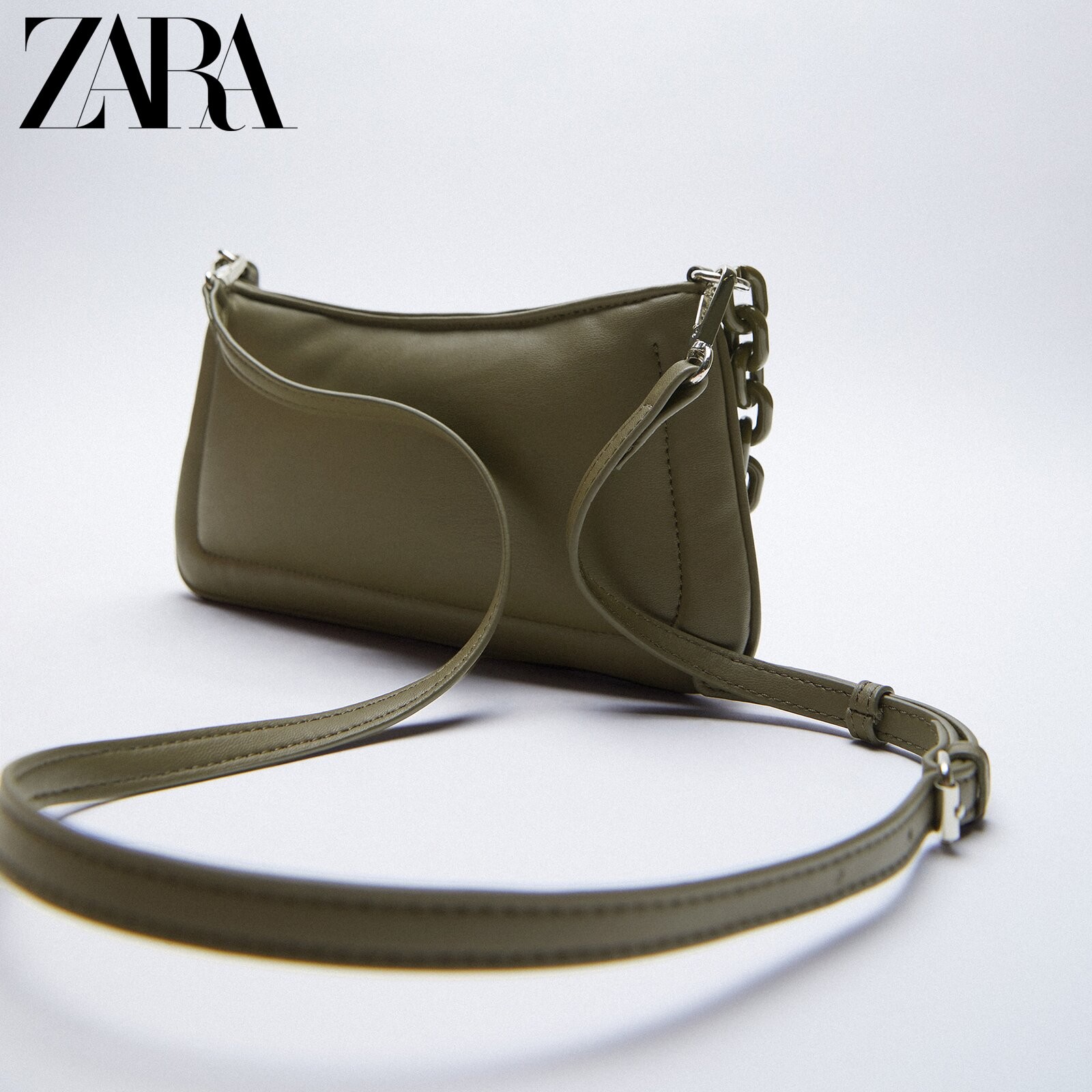 ZARA 16725710032 女士卡其绿色链条绗缝单肩包