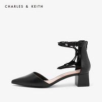 CHARLES&KEITH时尚女鞋CK1-60390312欧美风脚腕带装饰尖头粗跟凉鞋 黑色 34