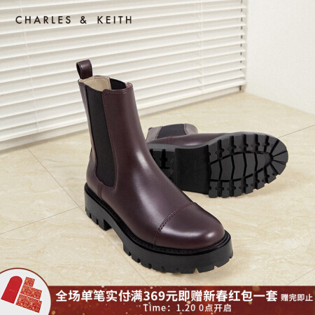 CHARLES＆KEITH2021春季CK1-90580135女士厚底短筒切尔西靴 Maroon枣红色 36