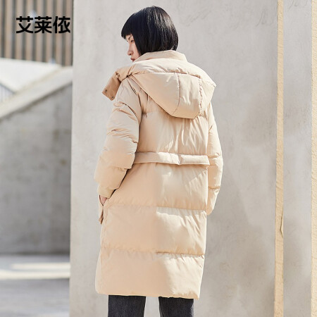 艾莱依羽绒服女2020新款长款宽松厚保暖外套小象口袋可脱卸帽冬装 沙滩色 165