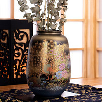 美浓烧（Mino Yaki） 日本进口花瓶日式陶瓷九谷烧金孔雀长花瓶 九谷焼10号长花瓶（山紫草）