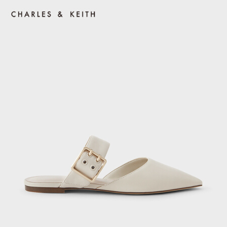 CHARLES＆KEITH2021春新品CK1-70900259女士宽绊带尖头平底穆勒鞋 粉白色Chalk 41