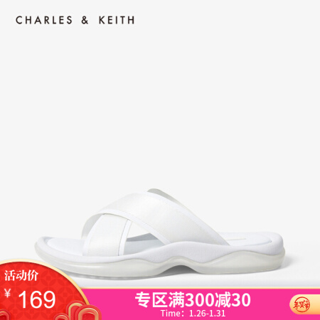 CHARLES＆KEITH2021春季CK1-70380784女士交叉带饰休闲凉拖鞋 White白色 39