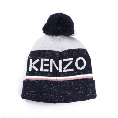 高田贤三 KENZO KIDS 奢侈品童装 20秋冬 女童棉纶加绒字母图案绒球针织帽 深蓝色 KR90018 04 2A/4A