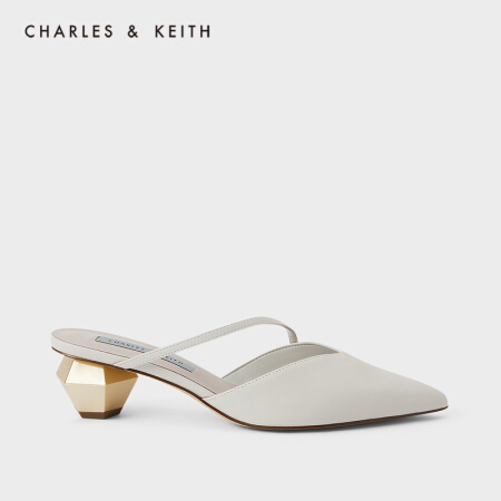 CHARLES＆KEITH2021春季新品CK1-61720056女士几何粗跟尖头穆勒鞋 粉白色Chalk 40