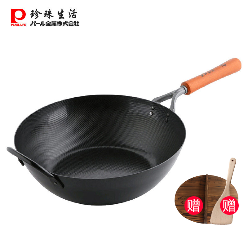 珍珠生活日本进口加深加厚无涂层不易粘锅炒锅平底锅铁锅炒菜锅