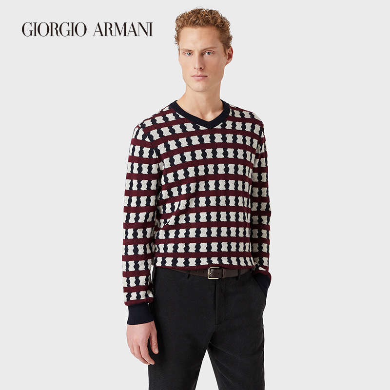 乔治·阿玛尼 GIORGIO ARMANI/阿玛尼秋冬男士新商务系列格纹提花羊毛V领毛衣