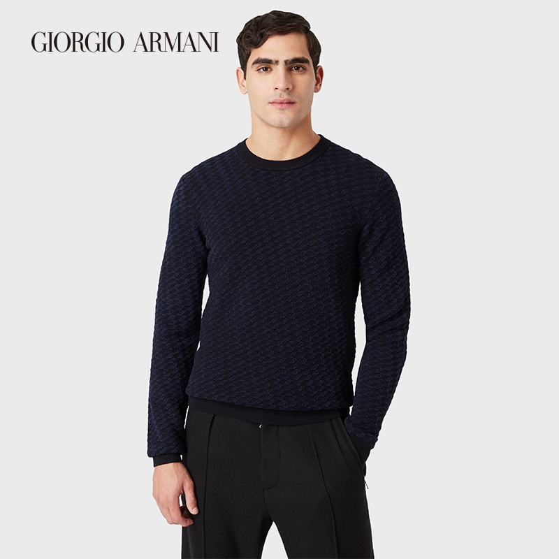 乔治·阿玛尼 GIORGIO ARMANI/阿玛尼秋冬男士经典复刻系列矩形压纹圆领针织衫