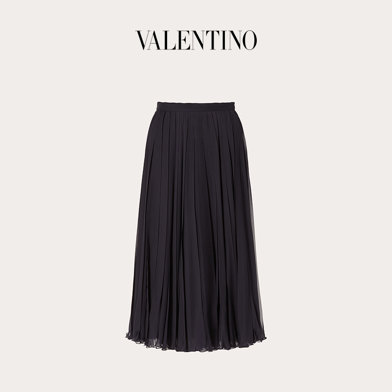 Valentino/华伦天奴女士新品 深蓝色 褶饰雪纺绸半裙