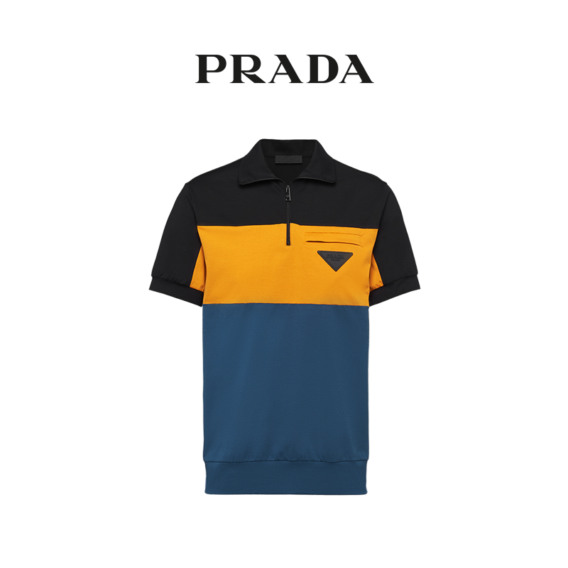 Prada/普拉达黑黄蓝拼色棉质三角徽标饰男士短袖POLO衫