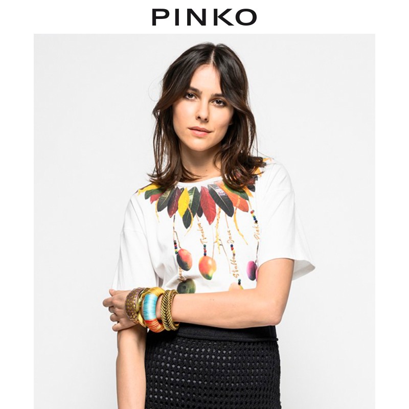 PINKO秋冬女装TREEDOM系列树叶印花短袖T恤1E1008Y5WQ