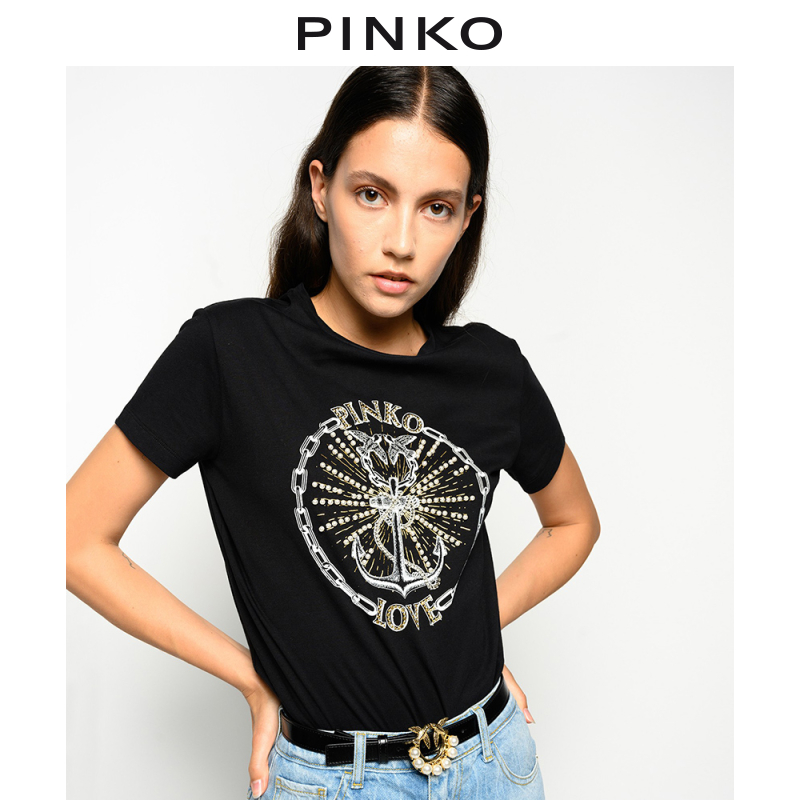 PINKO2020秋冬女装logo组合印花设计T恤1G15BMY6EV