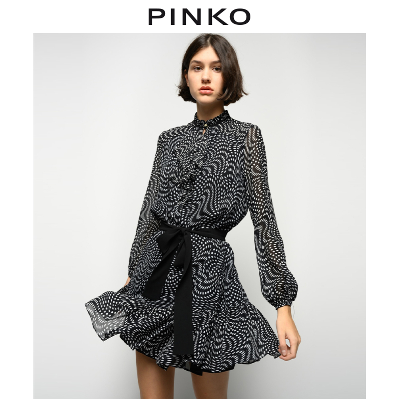 PINKO2021春夏新品女装不对称圆点系带连衣裙1G15QZ8421