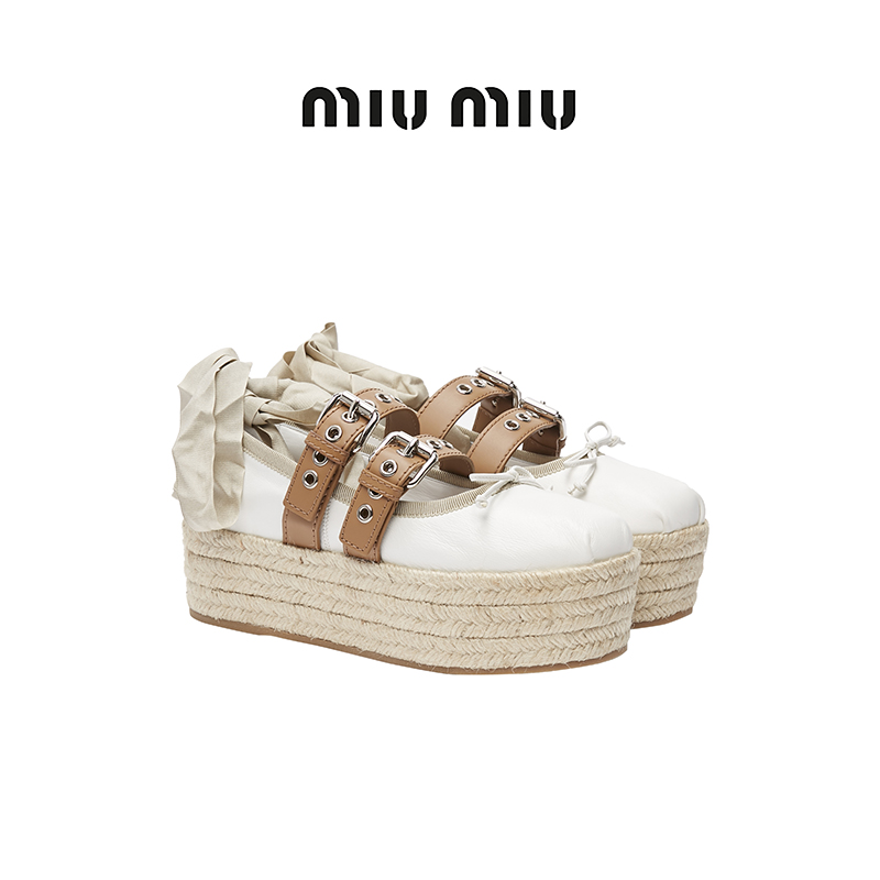 Miu Miu/缪缪 白色羊皮牛皮绑带蝴蝶结女士草编底松糕鞋