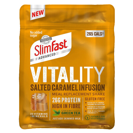 SlimFast英国进口袋装活力咸焦糖奶昔粉400g