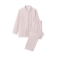 无印良品 MUJI 女式 无侧缝双层纱织 睡衣 纯棉 睡衣套装 家居服 粉红色X条纹 XL