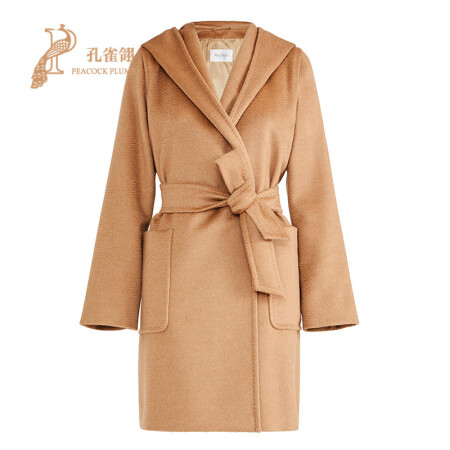 MaxMara/麦丝玛拉2021新款女士简约设计百搭垂饰连帽裹身大衣 驼色 36