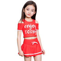 羽克 Yuke 儿童泳衣套装女童连体裙式小中大童女孩防晒游泳装备（含泳帽收纳包） 红色 L