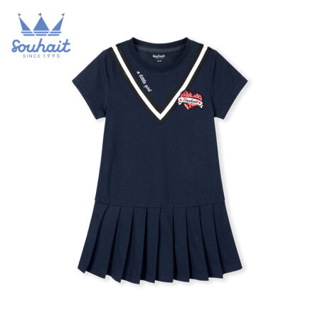 水孩儿女童连衣裙2020夏季新款假衣领学院风时尚洋气连衣裙 藏蓝 110cm