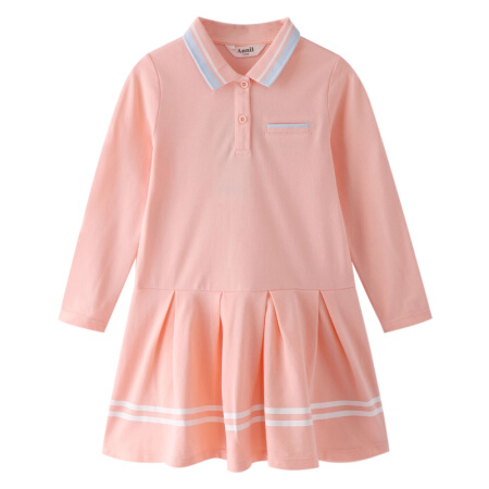 安奈儿童装女童春装长袖连衣裙2021年新款100%全棉撞色条纹翻领百褶裙子 奶油粉 120cm