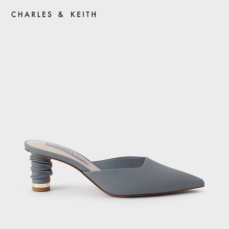 CHARLES＆KEITH2021春新品CK1-60580189女士褶皱跟尖头高跟穆勒鞋 Grey灰色 38