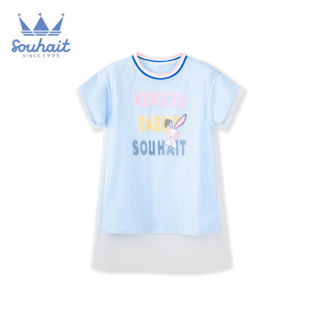 水孩儿童装女童裙子儿童女连衣裙2021夏装新款时尚T恤裙洋气短袖网纱连衣裙 冰晶蓝 105