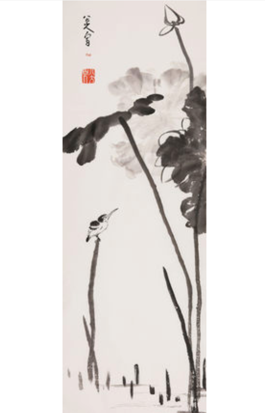 八大山人 荷花翠鸟 中国画装饰画收藏馈赠家居94x32.8cm