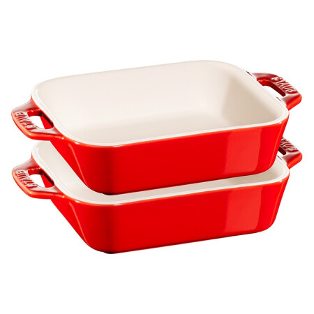 staub 珐宝 芝士焗饭盘烤箱焗炉专用陶瓷烘焙用具 长方菜盘加厚防烫碗盘饭盘菜盘餐盘烤盘套装 14cm方形烤盘2件套 樱桃红