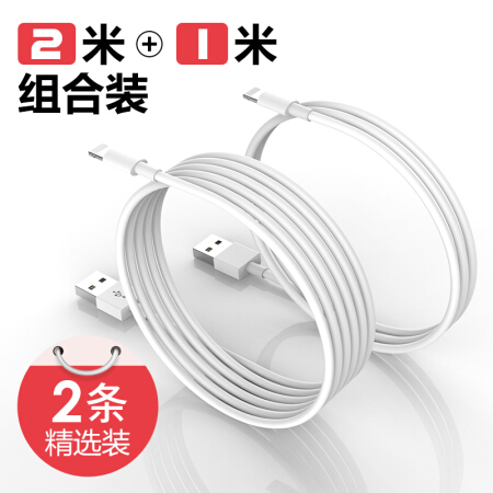 领臣 苹果数据线快充 适用iPhone12/11Pro Max/Xs/XR/SE/8P/7手机充电器线iPad Air/mini 1米+2米套装