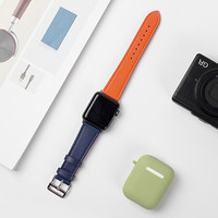 爱否Apple Watch SE真皮撞色表带iWatch6/5代Series通用苹果手表保护手腕带 靛蓝+橙色 38/40mm
