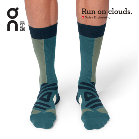 On昂跑舒适轻量跑步运动高帮男袜High Sock Storm/Moss 风暴蓝/苔藓绿 L