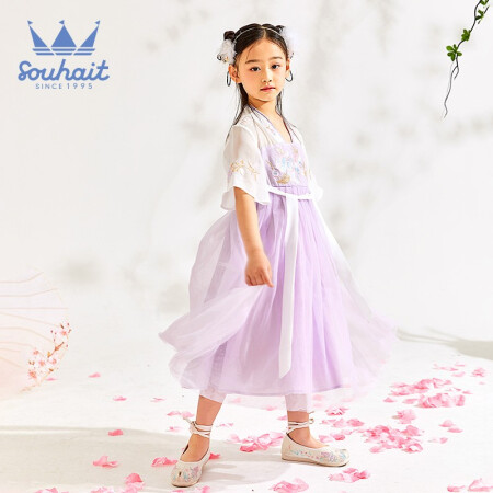 水孩儿童装女童连衣裙汉服裙半袖群2021年夏季新款国风款连衣裙中大童女童半袖连衣裙 浅丁香 110