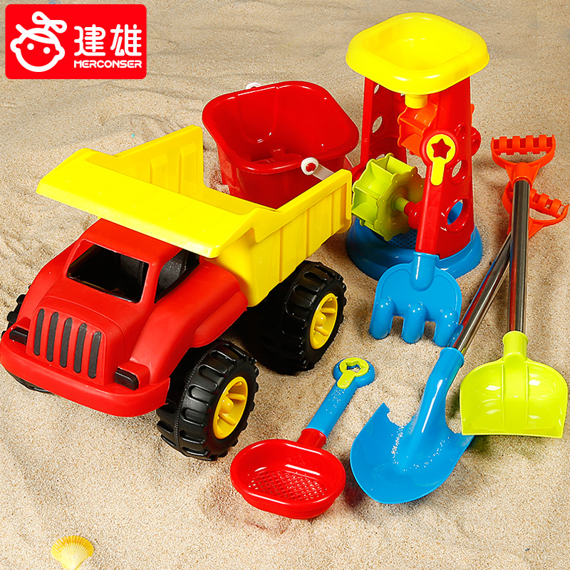 大号儿童沙滩车玩具套装沙漏宝宝挖沙铲子和小桶玩沙子决明子工具（双铲配蓝色大车3D转沙漏11件套）