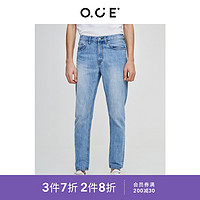 OCE男装 浅色牛仔裤男春季新款水洗磨白修身显瘦小脚裤长裤