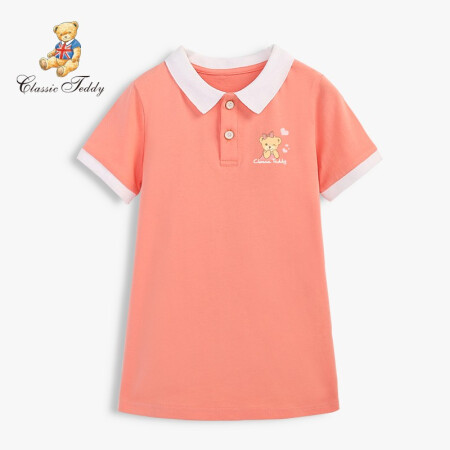 精典泰迪Classic Teddy童装女童连衣裙宝宝polo裙女孩公主裙中小童夏季淑女裙2021新款 蝴蝶结爱心熊POLO裙蜜瓜橙 140