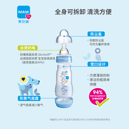 MAM美安萌防胀气奶瓶新生婴儿防呛扁嘴宽口径奶瓶宝宝喂奶瓶大容量防摔装奶瓶仿母乳断奶神器 黄色小鸟160ml+2段奶嘴