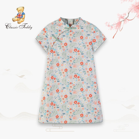精典泰迪 Classic Teddy 女童裙子儿童短袖国风连衣裙女孩旗袍夏季古风碎花裙淑女国潮 草莓粉花-蓝色 130