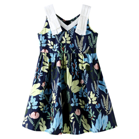 商场同款安奈儿童装女童夏款无袖连衣裙2021新款洋气印花裙休闲外出裙子 蓝绿花 170cm
