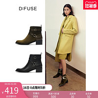 D:FUSE DFuse迪芙斯2020秋冬季新爆款圓頭粗跟高跟短靴女靴真皮絨面黑色