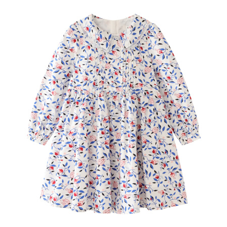 安奈儿童装女童秋款长袖连衣裙2021新款可爱时尚双层翻领印花纯棉淑女裙子 白红花 130cm