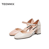 TEENMIX 天美意 高跟鞋包頭粗跟涼鞋女商場同款一字帶中跟單鞋2020春夏新款