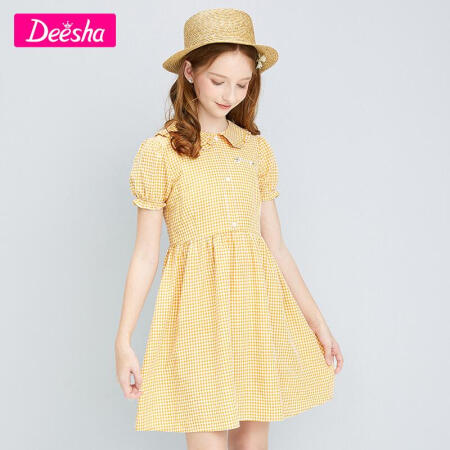 笛莎（DEESHA）女童连衣裙2021夏季洋气时尚甜美连衣裙小女孩格纹棉布裙子 姜黄格子 130cm