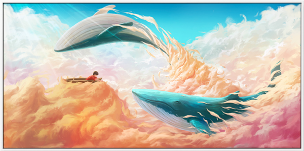 海龙红夕海卡通动漫鲸鱼装饰画畅游鲸鱼a60x120cm油画布白色外框