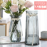 北欧玻璃花瓶透明水养富贵竹百合客厅干鲜花插花瓶摆件（大、（大折纸+浪漫）烟灰色）