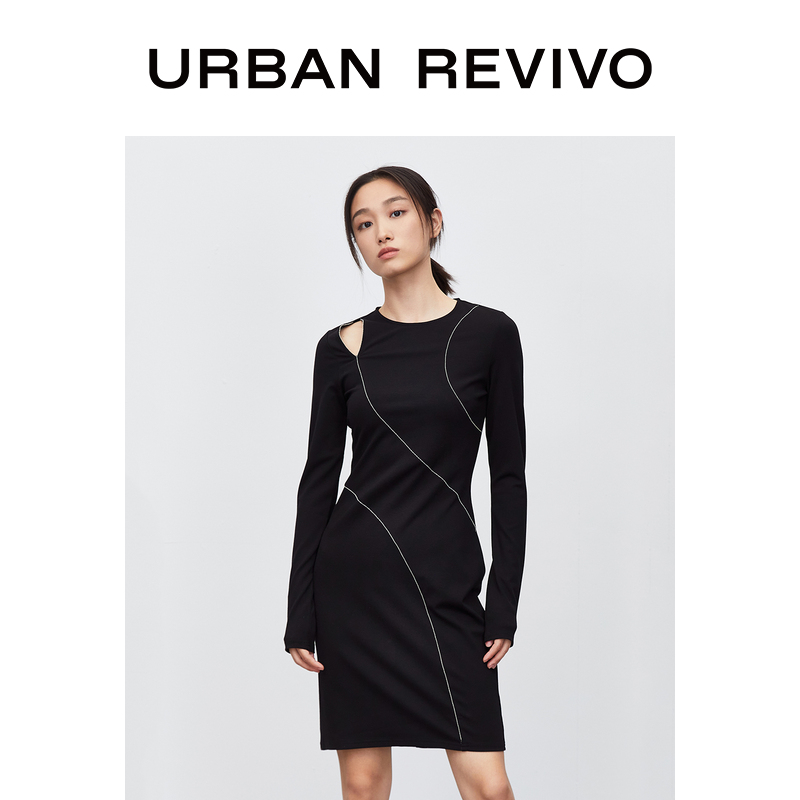 UR2020冬季新品女个性线条圆领厚款修身长袖连衣裙WG46S7BN2004（XL、正黑）